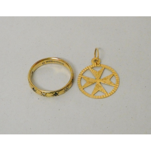 541 - 18ct gold sapphire and diamond eternity style ring and an 18ct yellow gold Maltese cross pendant. Gr... 