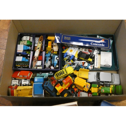 669 - Large quantity of played with model vehicles to include miniature Tonka tractors, and 8 Matchbox Sky... 