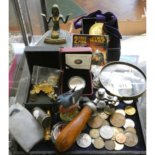 671 - Collectables to include coins, magnifying glass, 2013 $10 dollar silver coin, medal etc