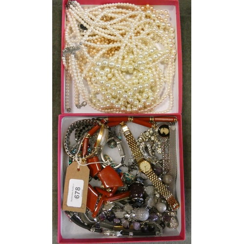 678 - Assorted costume jewellery - dress watches, faux pearl necklaces etc