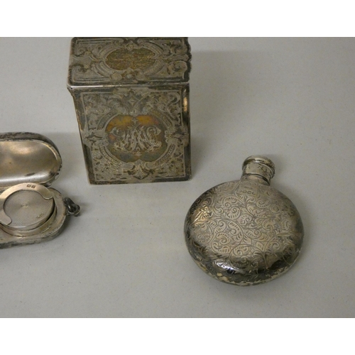 486 - A Victorian silver circular scent flask, a silver sovereign case and a Victorian engraved silver sce... 