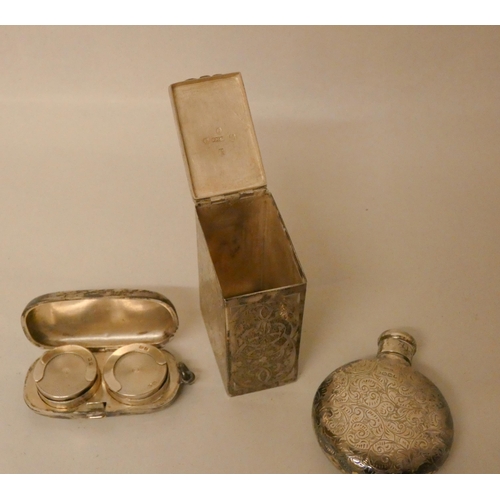 486 - A Victorian silver circular scent flask, a silver sovereign case and a Victorian engraved silver sce... 