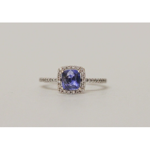 513 - A modern sapphire and diamond square cluster ring, on diamond set shoulders, 18ct white gold band, r... 