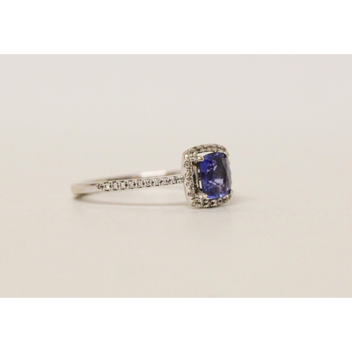 513 - A modern sapphire and diamond square cluster ring, on diamond set shoulders, 18ct white gold band, r... 