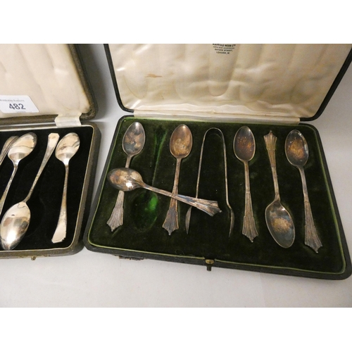 482 - A cased set of six silver teaspoons and a Mappin & Webb EPNS set of teaspoons and sugar nips in case... 