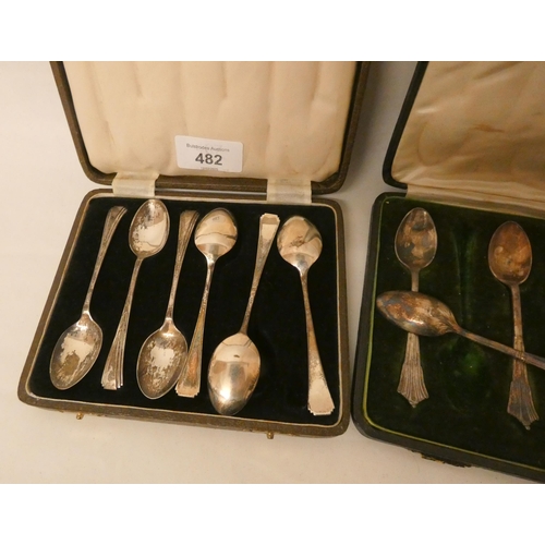 482 - A cased set of six silver teaspoons and a Mappin & Webb EPNS set of teaspoons and sugar nips in case... 