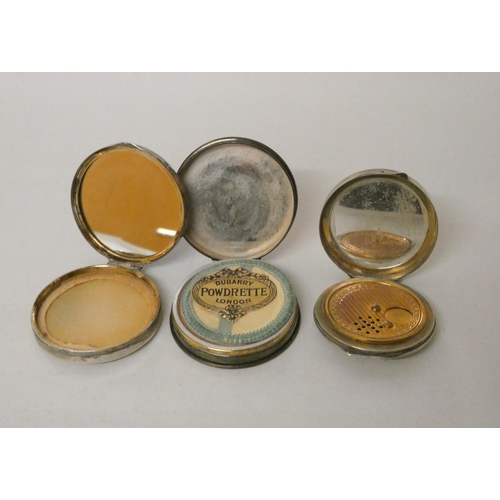 484 - A collection of three vintage silver and enamel compacts, two with Art Deco sunray enamel hinged lid... 