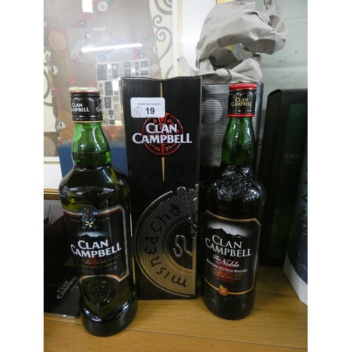 19 - A collection of two bottles of Clan Campbell Scotch whiskey, a bottle of Johnny Walker green label, ... 