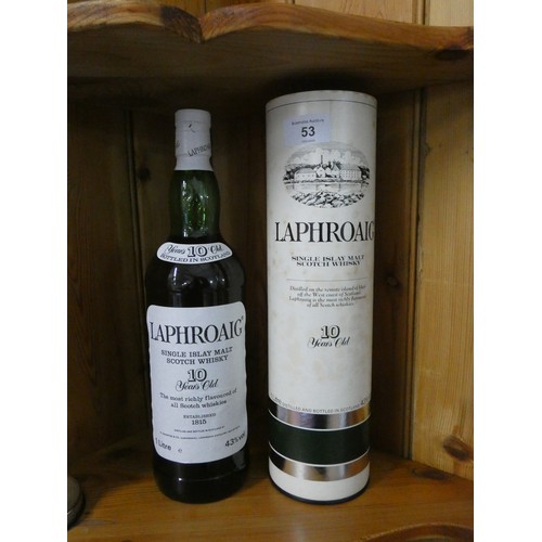 53 - A collection to include a bottle of Laphroaig malt whiskey, four bottles of assorted blended whiskey... 