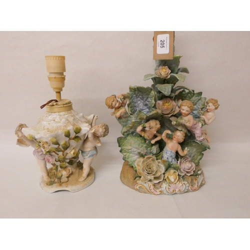 88 - Two Continental porcelain cherub and floral decorated lamp bases, tallest one measuring 31cm
