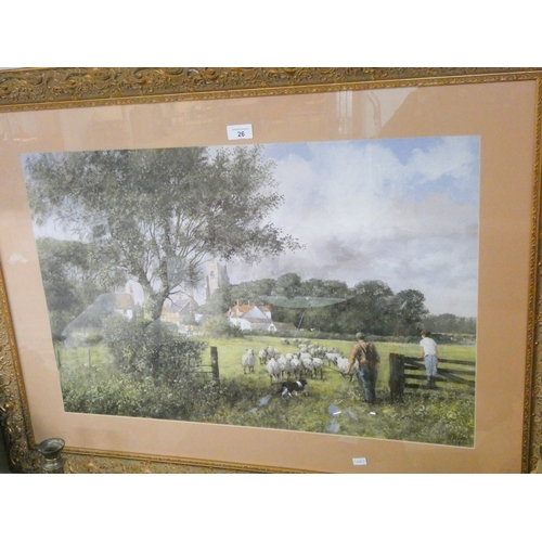 26 - A large gilt framed coloured print of a shepherd with sheep in a landscape scene, image size 20