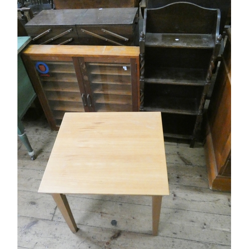 70 - A small glazed wall cabinet, a coffee table and a four tier oak bookshelf