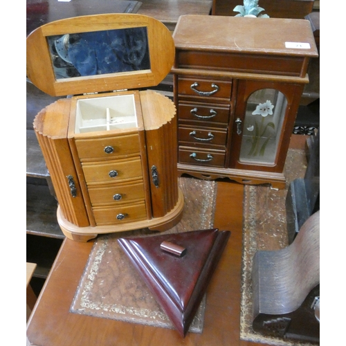 71 - Two small jewellery cabinets and a triangular shaped box