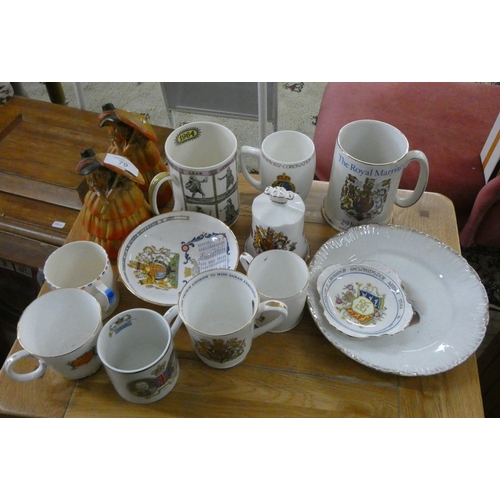 79 - A collection of assorted Royal commemorative china and two Wade lady figure ornaments