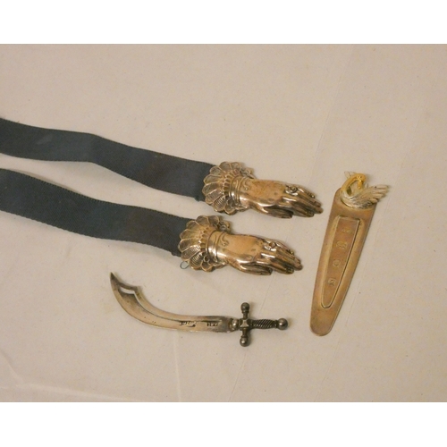 408 - An antique style silver hand & ribbon bookmark together with a silver bookmark with silver gilt swan... 