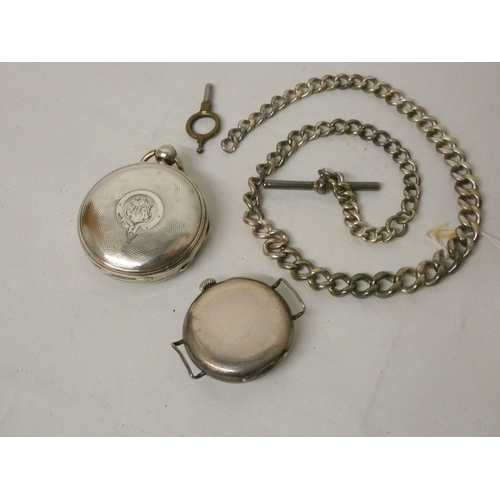 410 - Two silver cased pocket watches and a silver albert chain