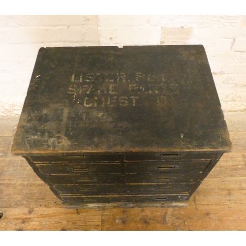 111 - A late Victorian stained pine chest fitted two long and six short drawers with recess military style... 