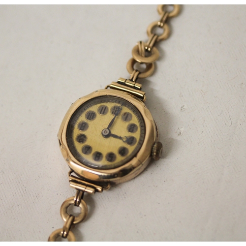 416 - Ladies vintage 9ct gold cased wristwatch on 9ct bracelet strap. Gross weight 21.3g, with Victorian p... 