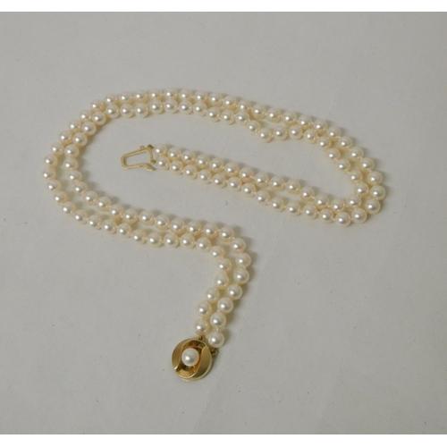 426 - A double row of uniform cultured pearls to a 9ct gold circular  pearl set clasp. 45 cms long