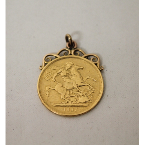 460 - Victoria Gold Two Pounds (Double Sovereign), 1887, mounted as a pendant on unmarked yellow metal sol... 