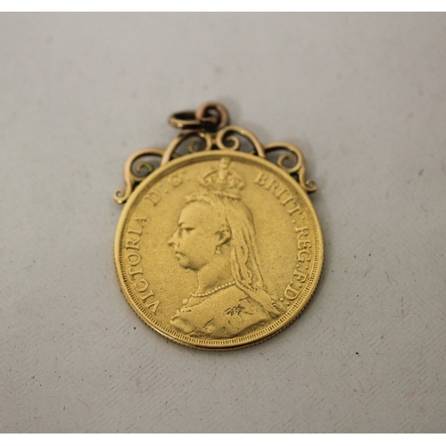 460 - Victoria Gold Two Pounds (Double Sovereign), 1887, mounted as a pendant on unmarked yellow metal sol... 