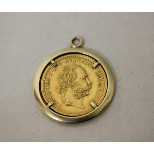 461 - An Austrian gold One Ducat coin, mounted as a pendant in unmarked yellow metal mount. Gross weight 5... 