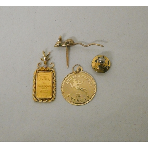 462 - Credit Suisse 999 fine gold 1 gram ingot mounted as a pendant, 14k gold Virgo zodiac pendant and a v... 