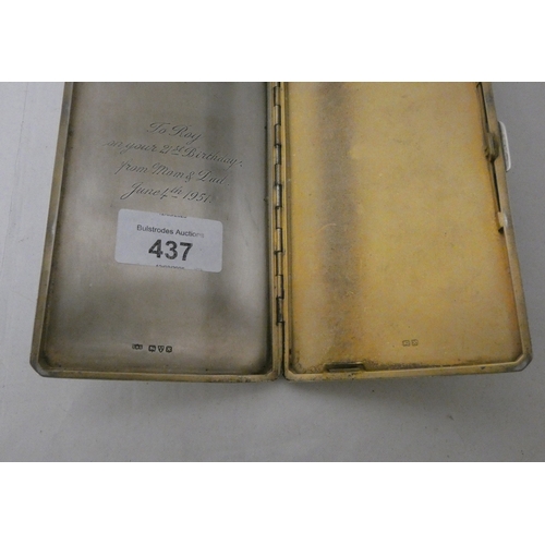 437 - A silver engine turned large double cigarette case, with 1950's presentation engraving to the inner ... 