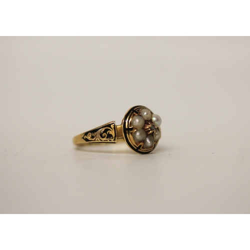 440 - Victorian 18ct gold mourning ring, set with seed pearls and a diamond in a floral design cluster, to... 