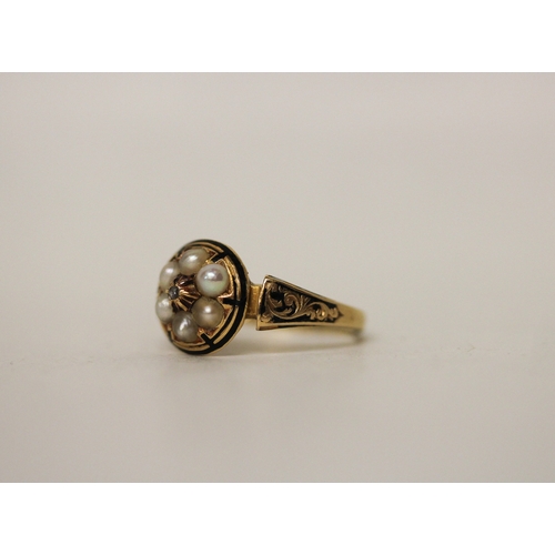 440 - Victorian 18ct gold mourning ring, set with seed pearls and a diamond in a floral design cluster, to... 