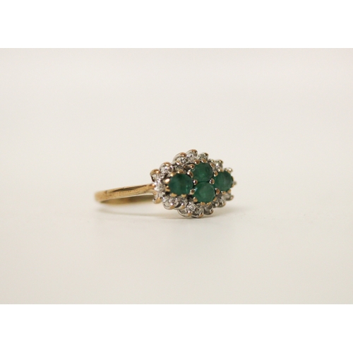 453 - A four stone emerald and diamond cluster ring on hallmarked 9ct band, ring size L, 2.7 grams