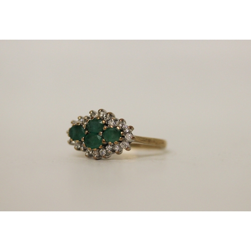 453 - A four stone emerald and diamond cluster ring on hallmarked 9ct band, ring size L, 2.7 grams