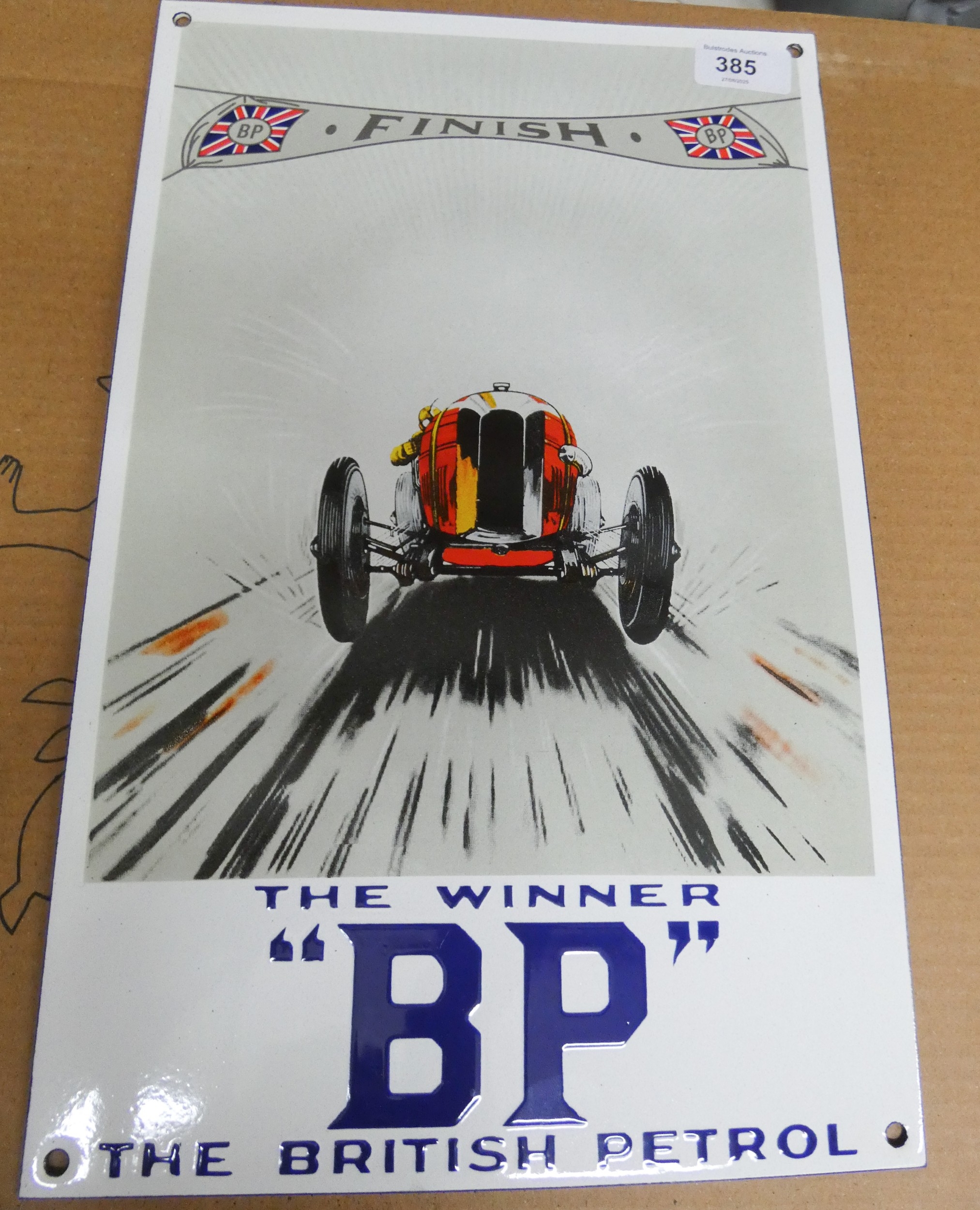 A vintage style BP racing car enamel advertising sign