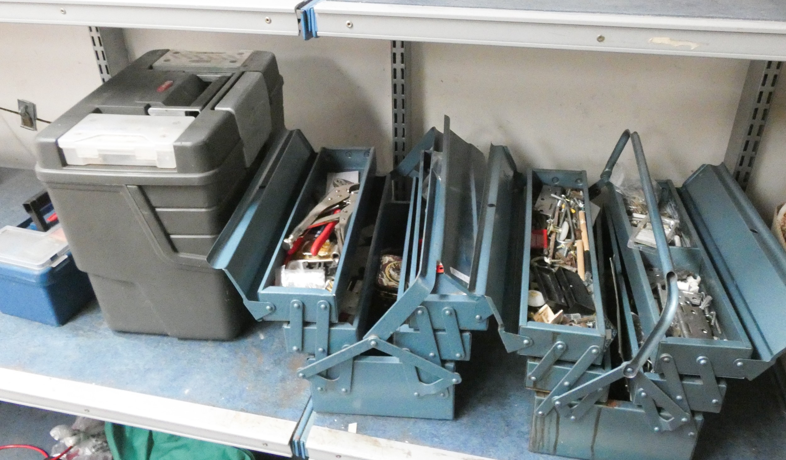 Two metal concertina toolboxes with contents together with two other ...