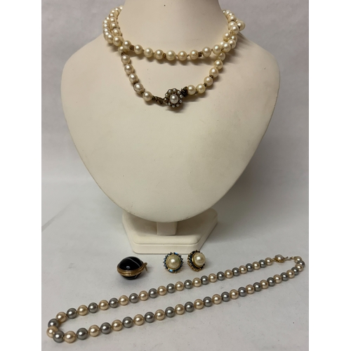 416 - A long row of cultured pearls with cluster clasp and gold spacers, Victorian spherical banded agate ... 