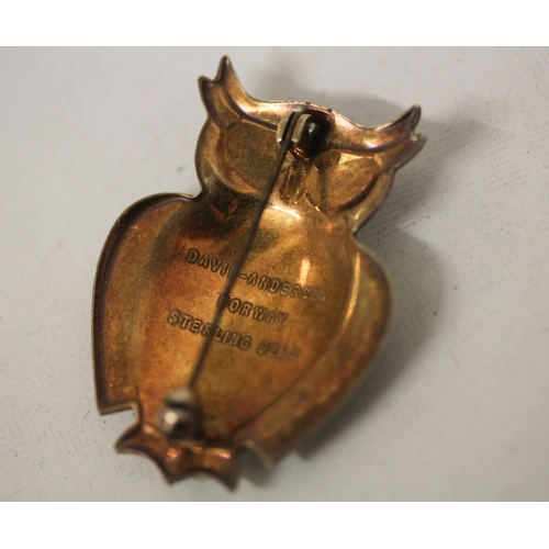 417 - David Andersen vintage Norwegian sterling silver gilt and guilloche enamel owl brooch, decorated wit... 