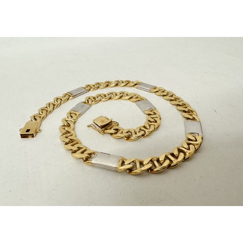 389 - Modern heavy 18ct bi-colour gold flattened link neck chain, with white gold ingot style links. Hallm... 