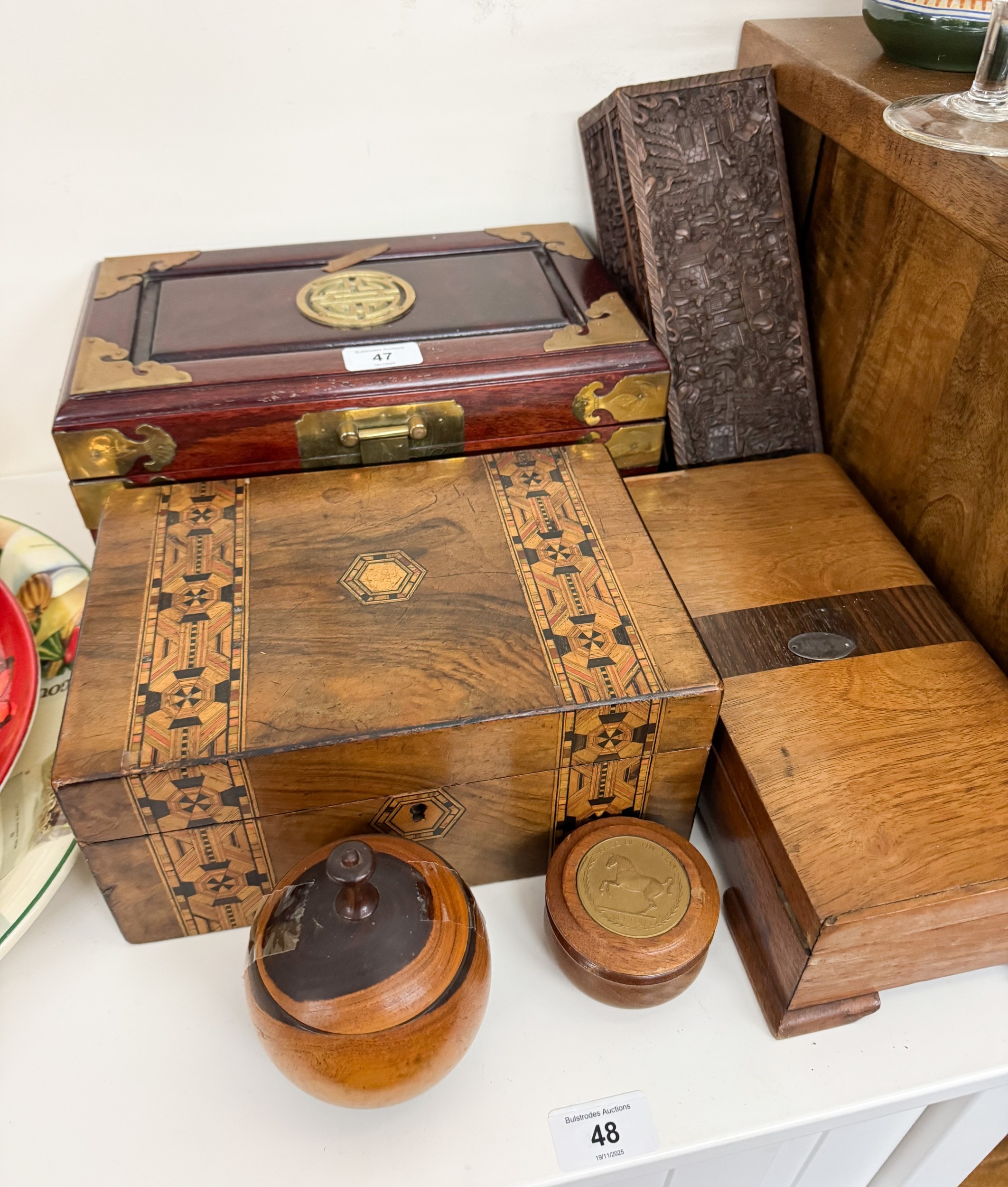 A small Chinese brass mounted box together with an inlaid box, a carved ...