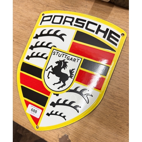 A shield shaped enamel Porsche advertising wall sign