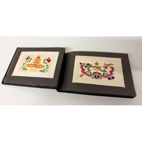 203 - Vintage postcard album containing World War I sweetheart embroidered silk postcards and vintage cat ... 