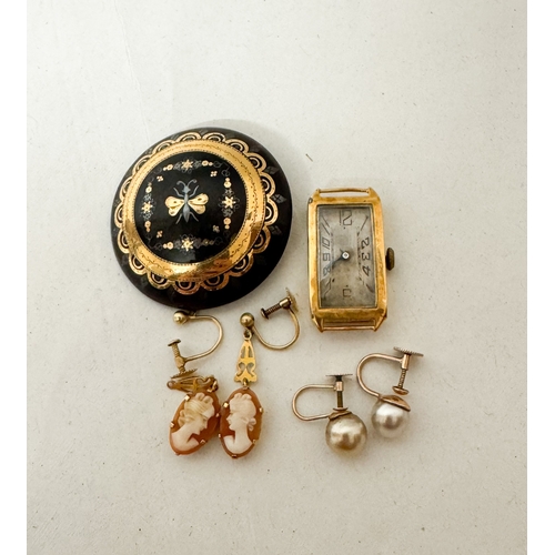 466 - A Victorian pique work circular brooch, 18ct cased vintage tank style watch head, and two pairs of v... 