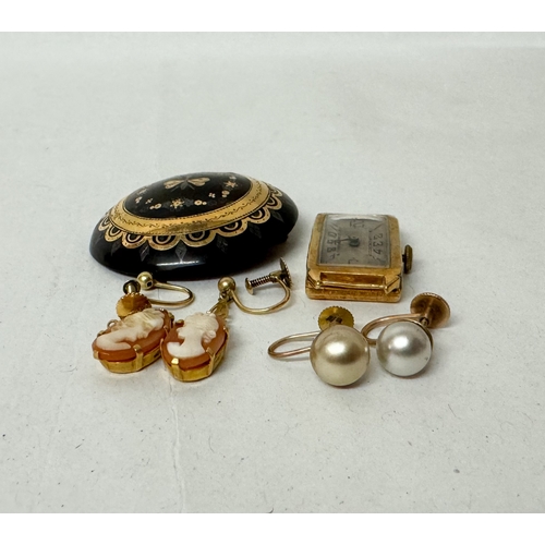 466 - A Victorian pique work circular brooch, 18ct cased vintage tank style watch head, and two pairs of v... 