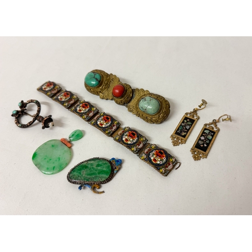 467 - Italian micro mosaic panel bracelet, a silver and gold stone set fibula pin,  Oriental Jade pieces, ... 