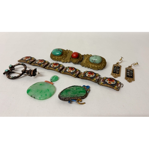 467 - Italian micro mosaic panel bracelet, a silver and gold stone set fibula pin,  Oriental Jade pieces, ... 