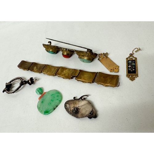 467 - Italian micro mosaic panel bracelet, a silver and gold stone set fibula pin,  Oriental Jade pieces, ... 