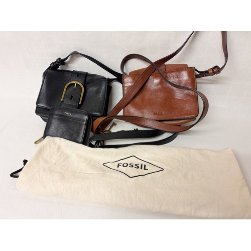 544 - Biba  - A tan leather plaited bag and a leopard skin effect handbag together with two Fossil handbag... 