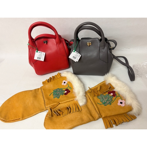 552 - Two John Lewis leather handbags together with a pair of Inuit beaded leather mittens