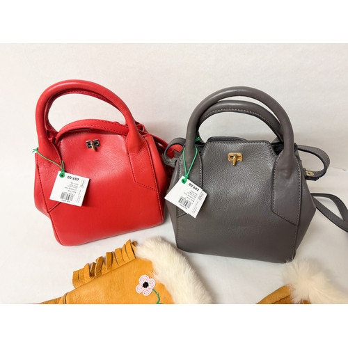 552 - Two John Lewis leather handbags together with a pair of Inuit beaded leather mittens