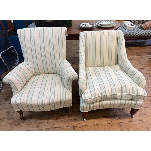 35 - A late Victorian upholstered easy chair and a similar Edwardian upholstered arm chair in cream and g... 