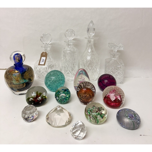 223 - Four cut glass decanters with stoppers together with a Jean- Claude Novaro hand blown Art Glass perf... 